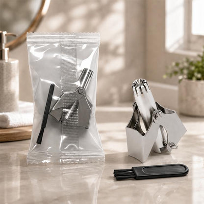 Stainless steel manual nose hair trimmer with folding stand and cleaning brush