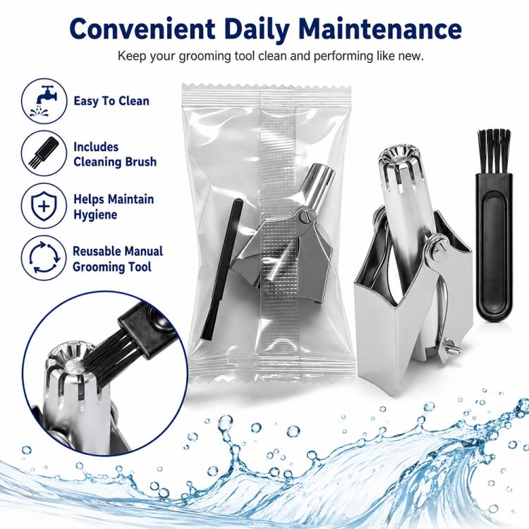 Stainless steel nose hair trimmer kit with cleaning brush and reusable storage bag