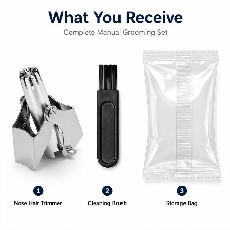 Complete manual grooming set: stainless nose hair trimmer, cleaning brush, storage bag