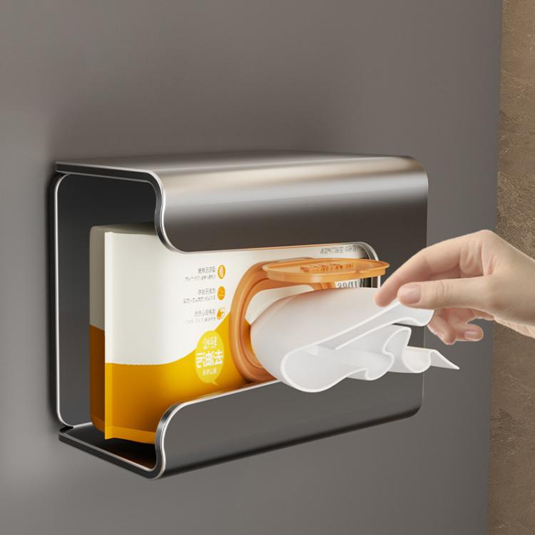 Milky white magnetic tissue holder dispensing tissues with front pull-down flap