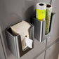 Gun metal wall-mounted tissue holder with open dispenser slot and tissue paper