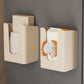 Milky white and gun metal wall-mounted tissue holders with dispenser flaps and tissues