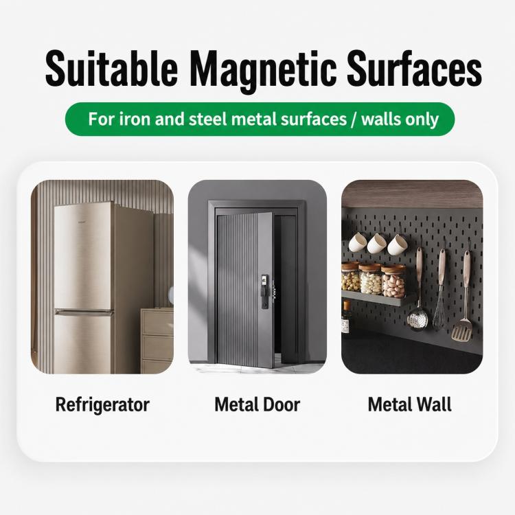 Graphic of magnetic tissue holder compatibility for refrigerator, metal door, metal wall