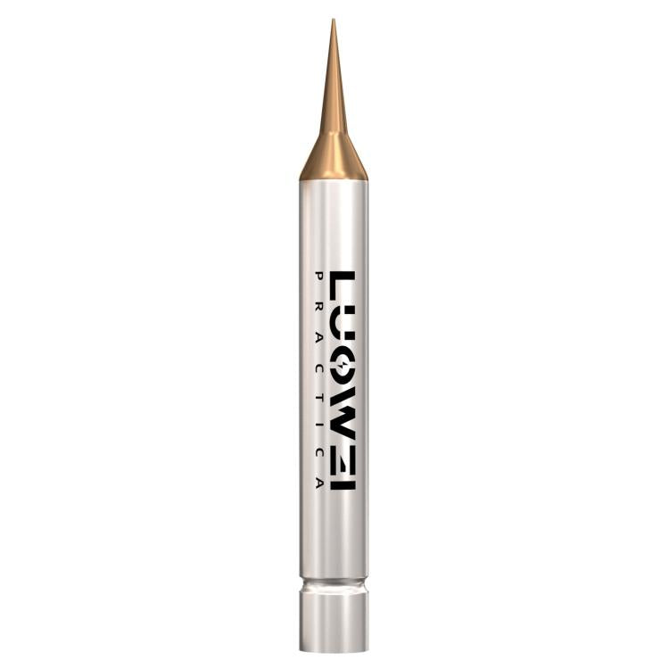 Soldering iron tip with gold conical point and angled elbow profile, silver barrel