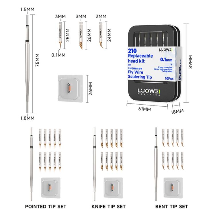 Replaceable soldering tips size diagram with 10pc kit, showing point and bent tips