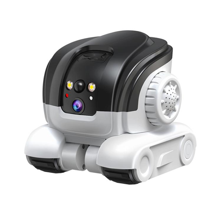 White and dark gray dual-lens pet monitoring robot camera with side sensor and wheels