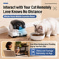 White and dark gray pet monitoring robot camera facing a cat, with blue status light