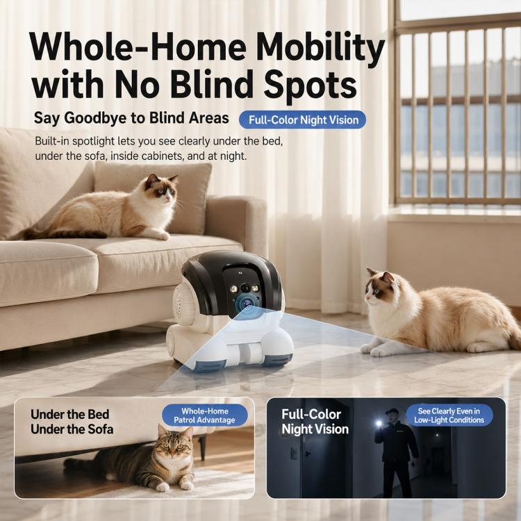 White and dark gray pet monitoring robot camera in front of cat on floor with window view
