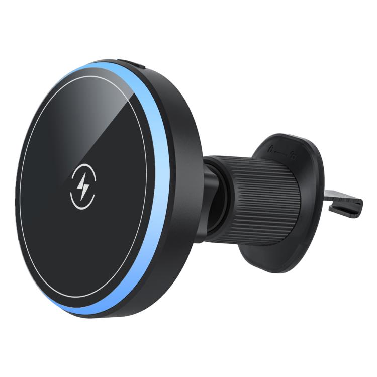 Circular magnetic wireless charging phone holder with blue accent ring and vent clip