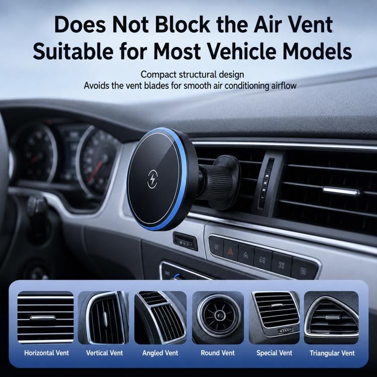 Car air vent magnetic wireless phone holder with compact vent-friendly design