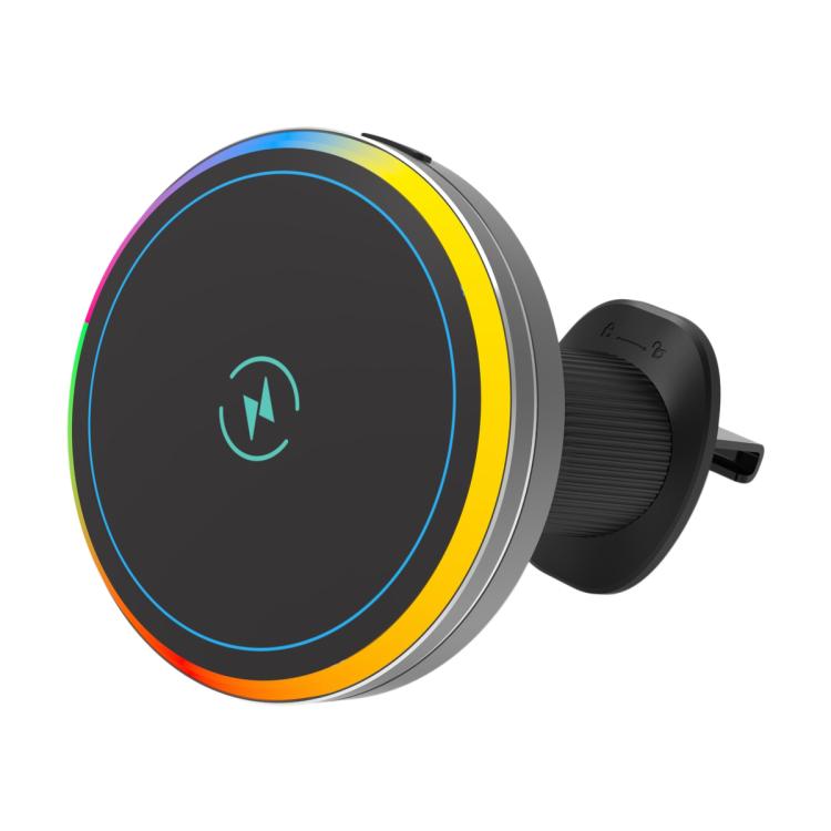 Car air vent magnetic charger holder with circular RGB light ring and clip