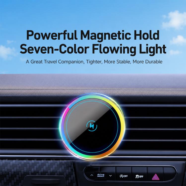 Car air vent wireless charger mount with glowing RGB ring and charging icon
