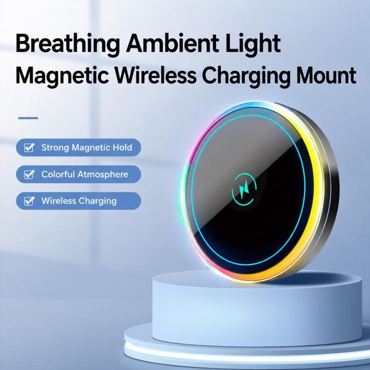 Car wireless charging mount with rainbow “breathing” light ring on vent clip