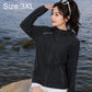 Black women's zip-front sun protection jacket with long sleeves and front pockets
