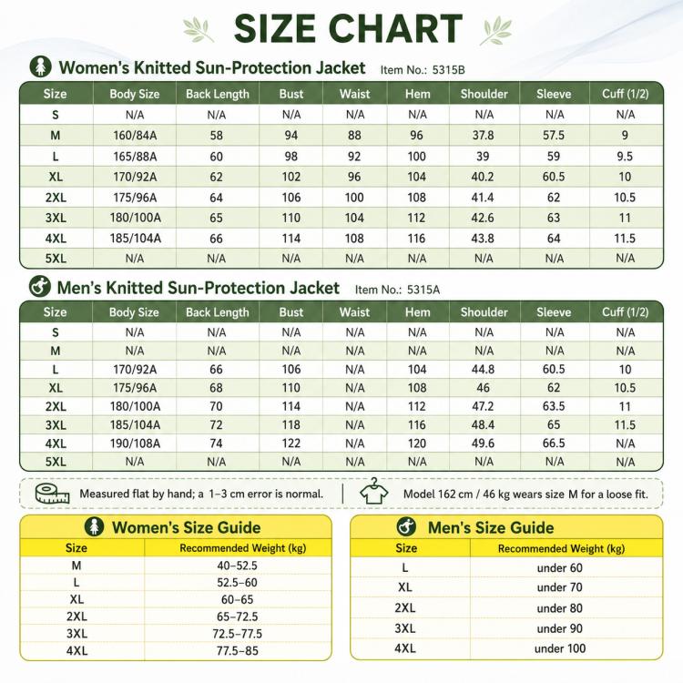 Women’s knitted sun-protection jacket size chart, item 5315B