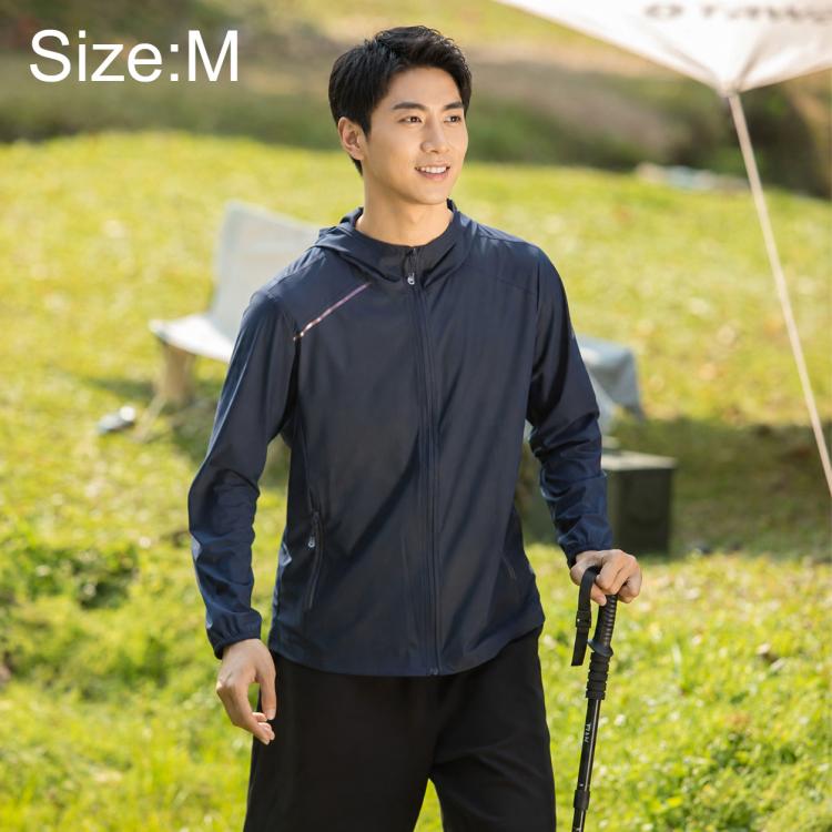 Men's lightweight sun protection coat, size M, navy blue, hooded full-zip jacket.