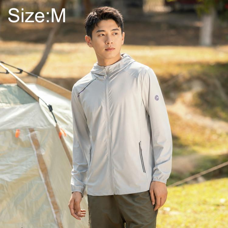 Men's UPF sun protection jacket, size M, light gray full-zip hooded windbreaker