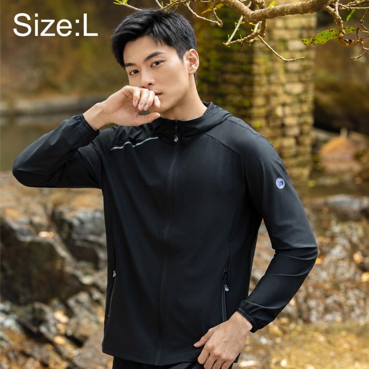Black zip-front sun coat for men with stand collar and long sleeves