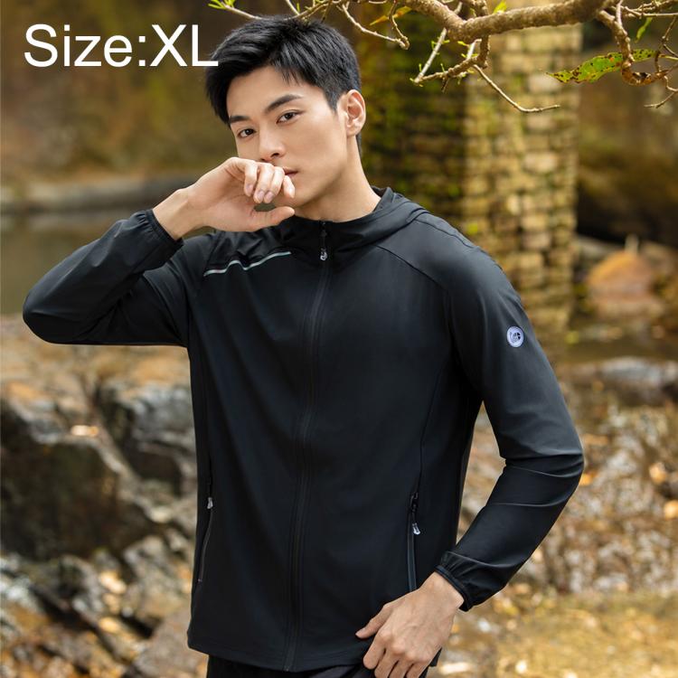 Men's black outdoor sun protection coat, zip-front stand collar, and long sleeves