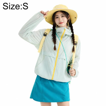 Light green lightweight sun-protection coat with zip front and hood.
