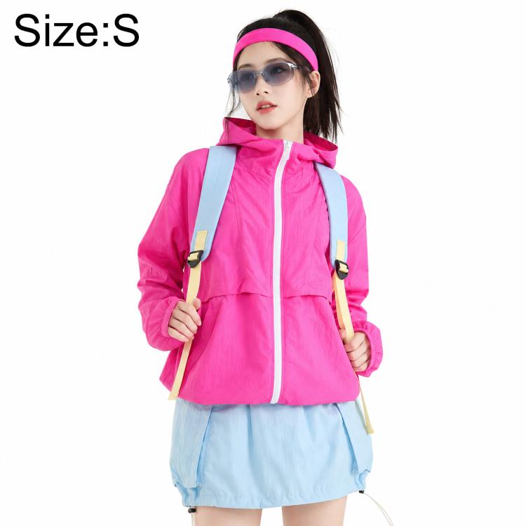 Fuchsia lightweight sun-protection coat with hood and zip front.