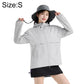 Light gray lightweight sun protection coat with hood and full-length front zipper.