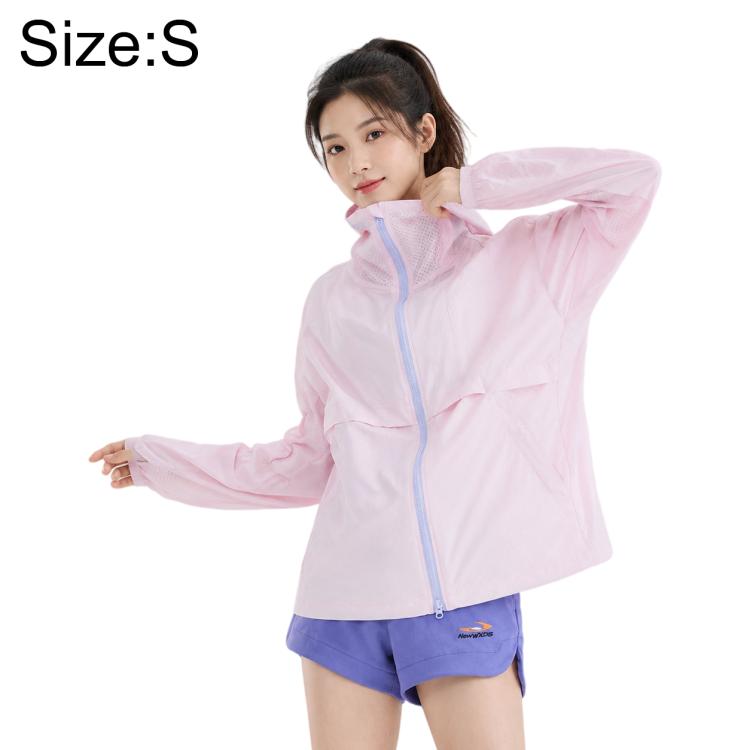 Light pink lightweight sun protection coat with hood and full-length front zipper.