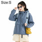 Dusty blue lightweight sun protection coat with hood, zipper front, and flap pockets.