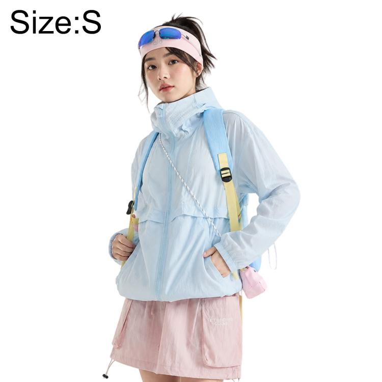 Light blue lightweight sun protection coat with hood and front zipper.
