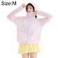 Pale pink lightweight sun protection coat with hood and zip-front closure.