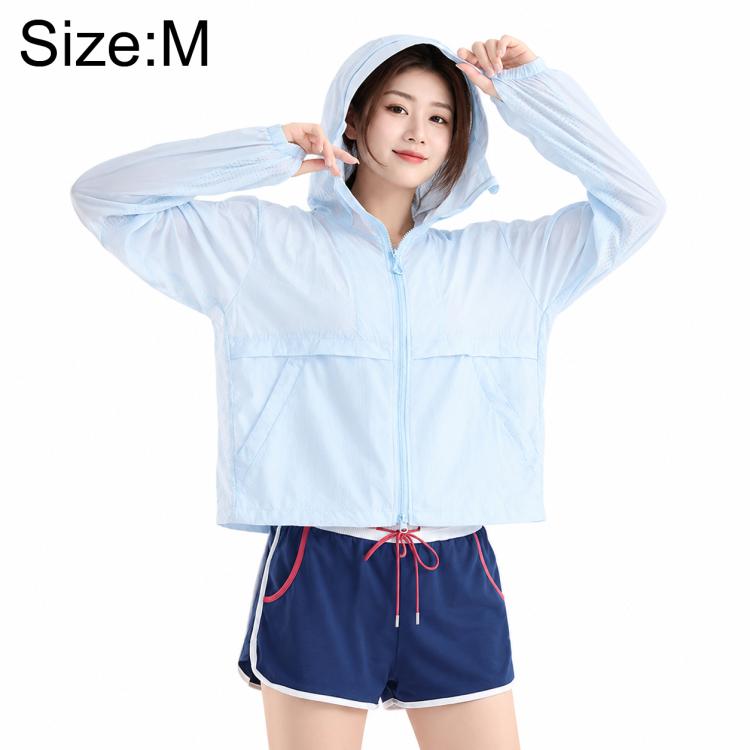 Light blue lightweight sun protection coat with hood and front zipper.