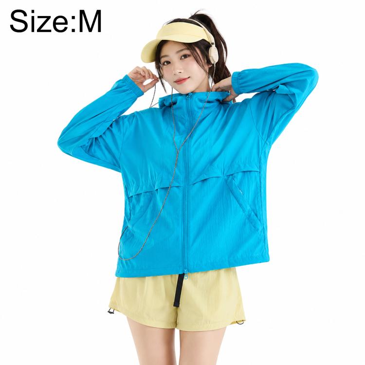 Lightweight sun protection coat with hood, blue, front zipper and zip pockets