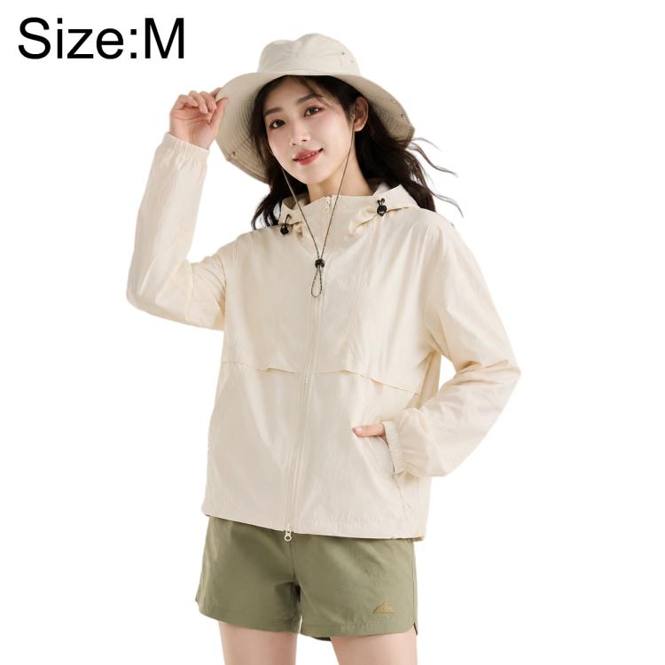 Lightweight sun protection coat with hood, off-white, front zipper and drawstring hem