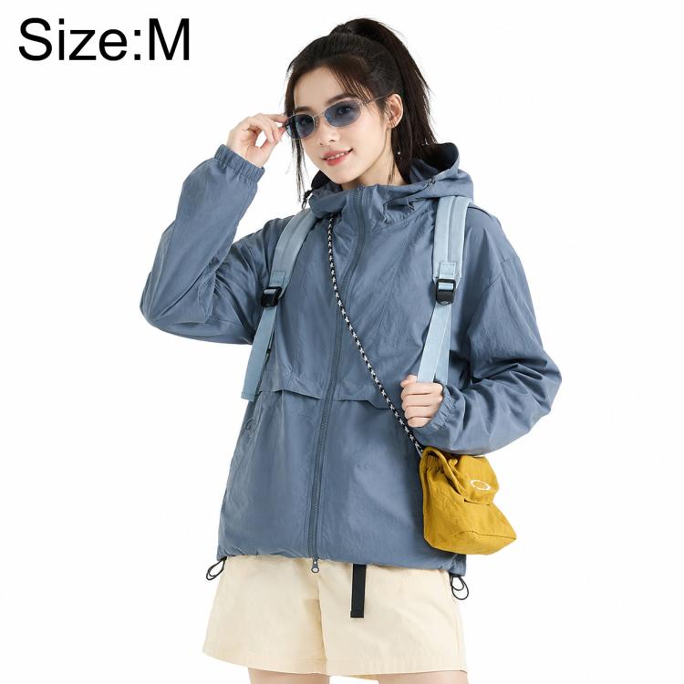 Lightweight sun protection coat with hood, blue-gray, front zipper and flap chest pockets