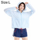Light blue hooded sun protection coat with zip front, long sleeves, and side pockets