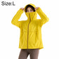 Yellow hooded sun protection coat with zip front and long sleeves with side pockets