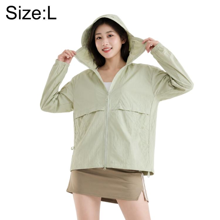 Pale green hooded sun protection coat with zip front and long sleeves with side pockets