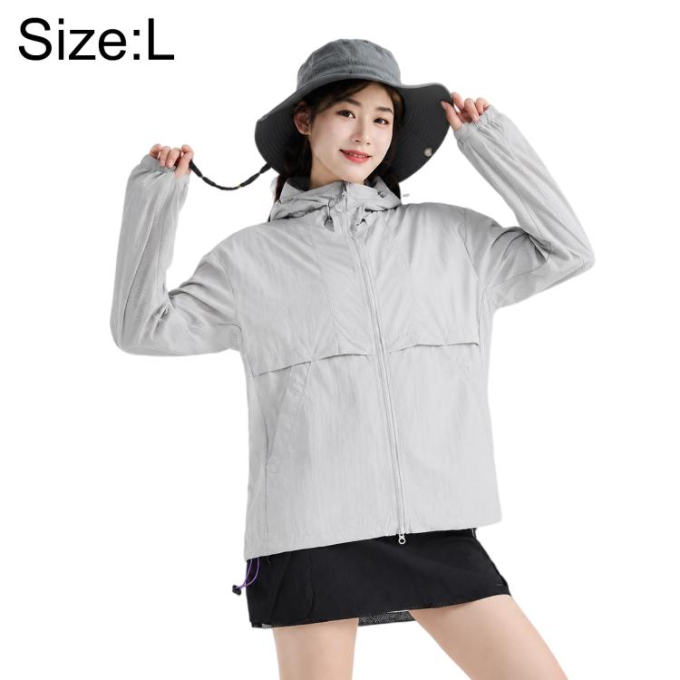 Lightweight hooded sun protection coat, light gray, full-zip front and drawstring hem