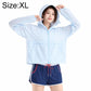 Lightweight hooded sun protection coat, light blue, full-zip front and hood drawcord