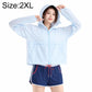 Light blue hooded sun protection coat with full-zip and relaxed fit sleeves