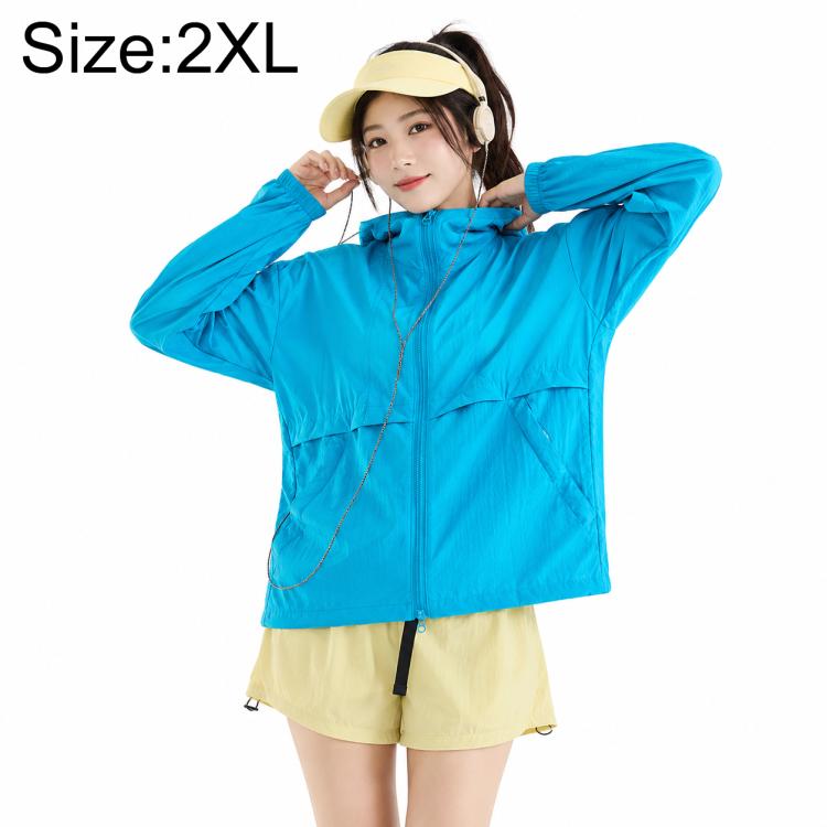 Turquoise hooded sun protection coat with full-zip and beige shorts visible