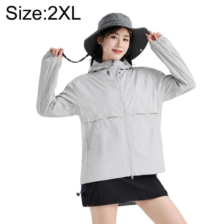 UPF50+ cooling sun protection coat, light gray, zip-front hooded jacket with pockets