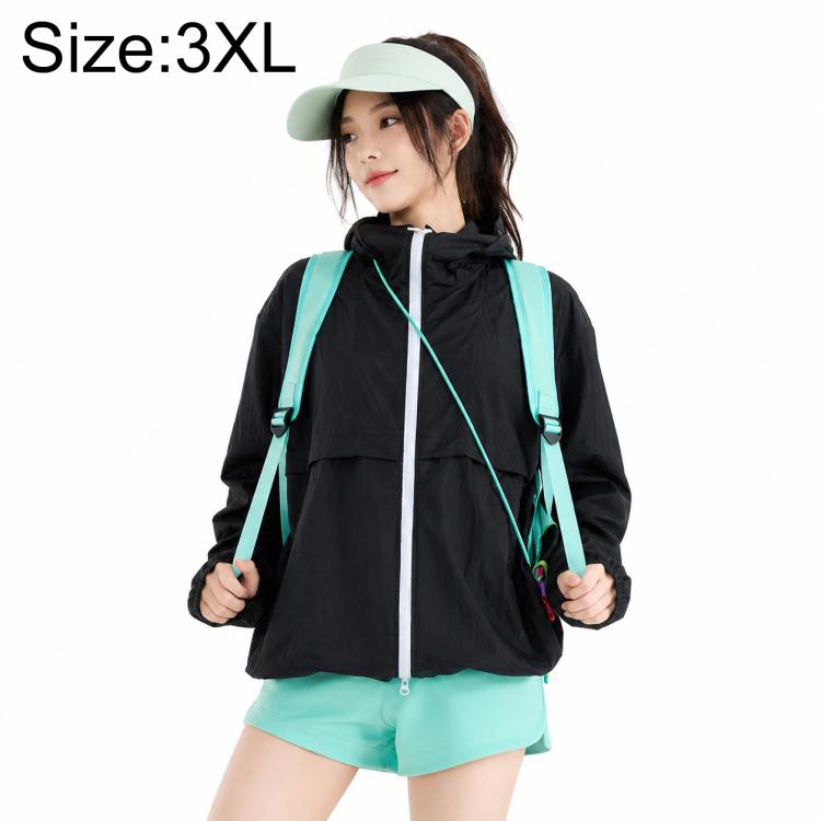 UPF50+ cooling sun protection coat, black, zip-front hooded jacket with pockets