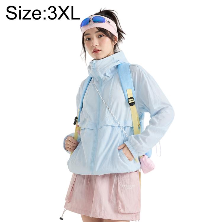 Lightweight hooded sun protection coat, light blue, full-zip front with flap pockets
