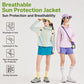 Lightweight sun protection coat, mint-blue zip front, hood, outdoor wear