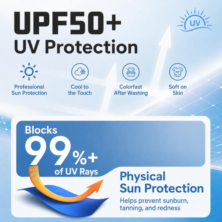 UPF50+ sun protection coat graphic showing 99%+ UV ray blocking