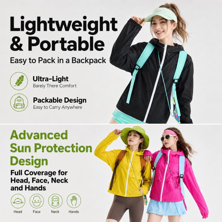 Lightweight packable sun protection coat, black and teal colorblock, zip front