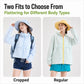 Sun protection coat options: cropped light blue and regular mint with hood