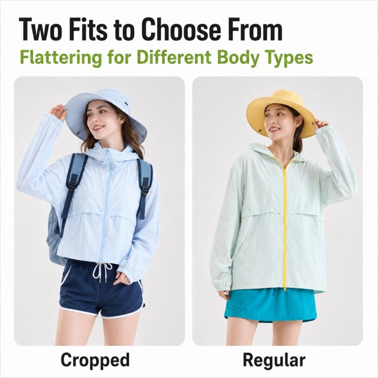 Sun protection coat options: cropped light blue and regular mint with hood