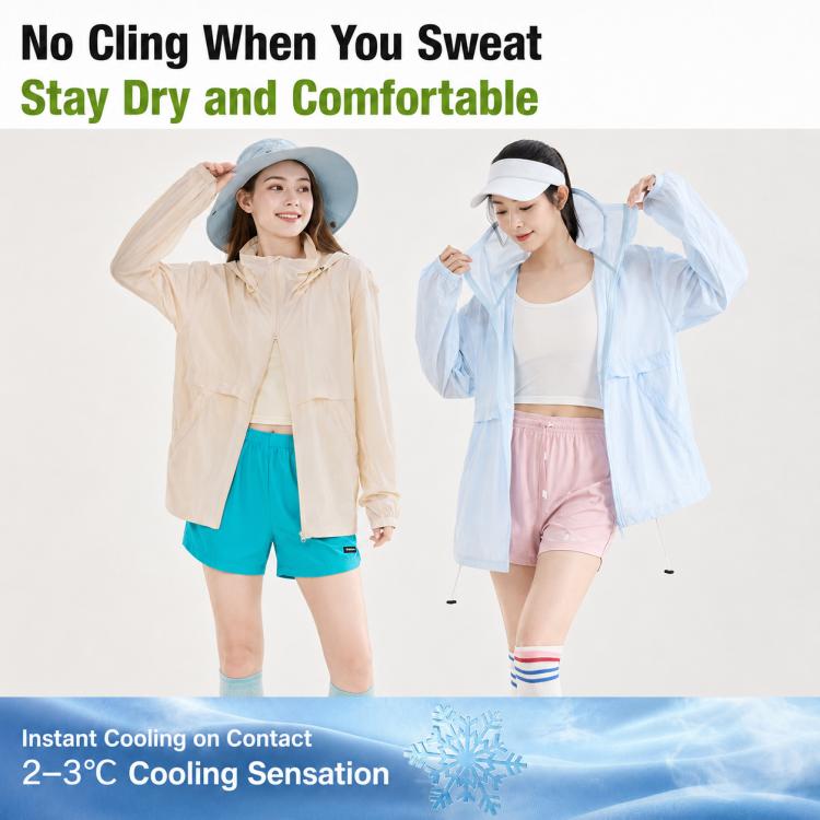 Sun protection coats in beige and light blue with hood, designed for dryness
